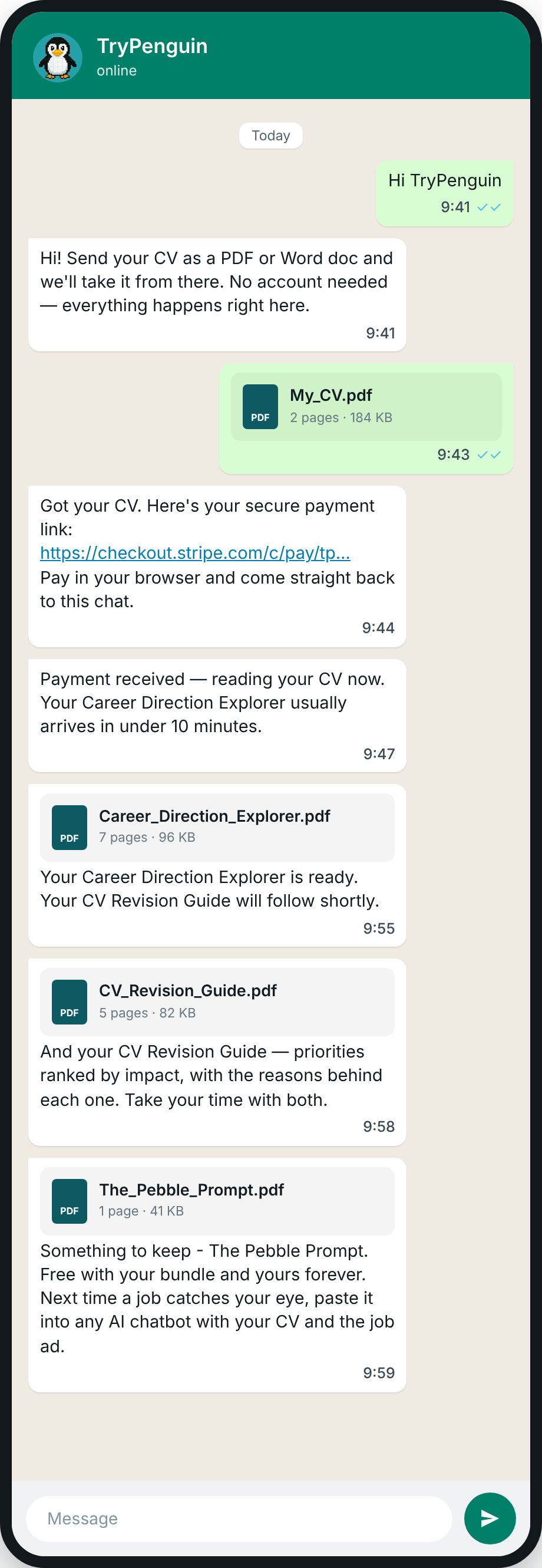 WhatsApp conversation with TryPenguin: a CV sent as a PDF, a secure payment link, then the Career Direction Explorer, the CV Revision Guide and the Pebble Prompt delivered back in the same chat.